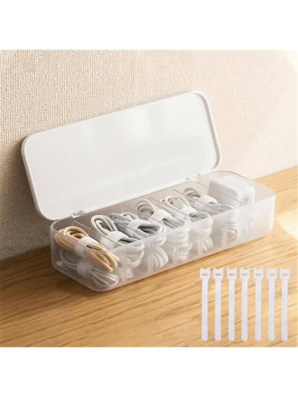 Cable Organizer Storage Box with Lid 7 Compartments Desk Cord Management White